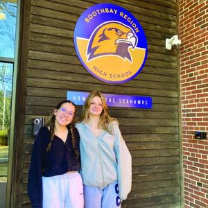 Sarah Harris, left, junior class president, and vice president Eleanor Marshall, discuss the increased pressures of graduation fundraising. ISABELLE CURTIS/Boothbay Register