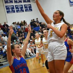Tatum French shoots for two of her game-high 24 points Thursday night against Oak Hill. KEVIN BURNHAM/Boothbay Register