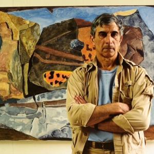 Joseph Fiore with his painting "Virgo Tiger" in 1987. Photo: Peggy McKenna, courtesy the Penobscot Marine Museum