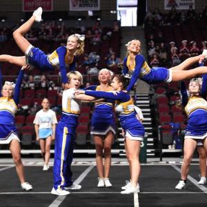 Olivia Rittall and Izzy Andreason (top, from left). Maddie Andreason, Titan Lewis, Brianna Campbell, Gabby Crowell, and Maya Jacobs (base, from left). Not pictured Sarah Harris, Bailey Lewis, Skyla Carrier, Abigail Babineau, Ariyah Green. Courtesy of Michele Barter. 