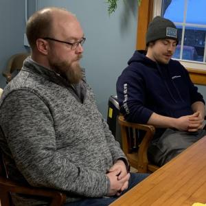 Adam Climo, left, sought Southport selectmen's advice Feb. 12 in resolving the school committee's vacant bus driver position. At right is Wyatt Colby. BILL PEARSON/Boothbay Register
Colby Sawyer