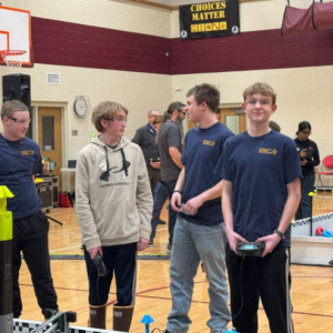 Liam Jacobs, Tyson French, Jayden Orne, Mason Paquette, Jackson Zehm and Kora McKenney are all smiles before their quarterfinals match at the VEX qualifier in Monmouth on Saturday, Feb. 8. Courtesy of Kristen Hanley