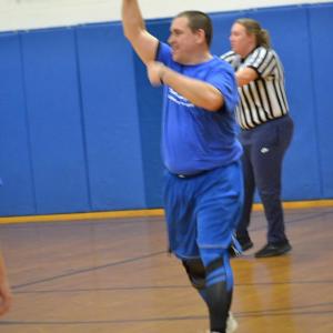 Ed Crocker shows off after making the technical foul free throws. KEVIN BURNHAM/Boothbay Register