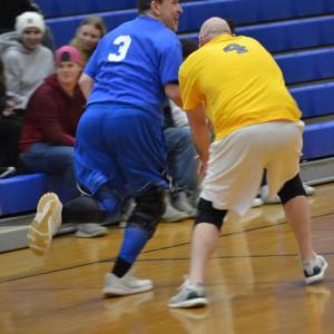 The two old guys, Ed Crocker and Korey Lewis, mix it up on the court. KEVIN BURNHAM/Boothbay Register