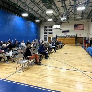 Residents pass a summary motion March 4 to approve the $2.1 million AOS 98 budget for FY26. FRITZ FREUDENBERGER/Boothbay Register
