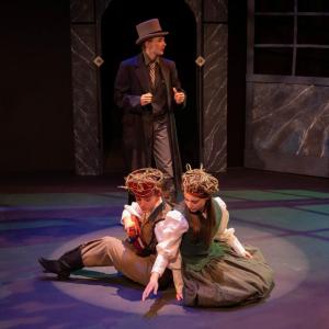  Natalie Friel and Sydney Kurr, in the roles of Orpheus and Euridice, with story narrator Taylin Lowe in "Sonnets to Orpheus" at the Poe Theater.  Jenny Mayher photo