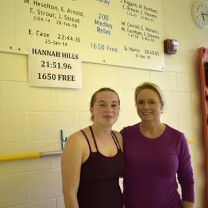 Hills and Aimee Case, mother of the previous record holder Evy Case, pose in front of Hill's score. ISABELLE CURTIS/Boothbay Register
