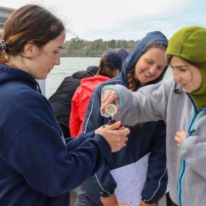 Participants in the 2022 Keller BLOOM program during a research cruise on the Sheepscot River.  Courtesy of Fritz Freudenberger/Bigelow Laboratory for Ocean Sciences