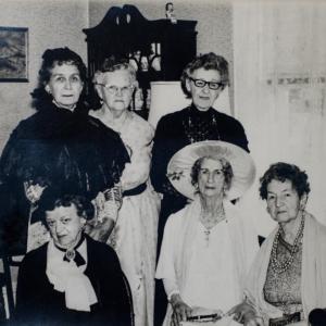 Members pose for The Monday Club's 75th anniversary. Back row, from left, Maude Gowen, Angie Dodge and Dorothy Abbott. Front row, from left, Caroline Hendrick, Grace Carlisle and Alice Ortner. Courtesy of Boothbay Region Historical Society