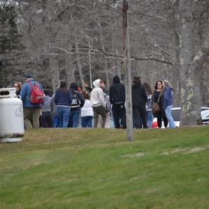 Students start walking to the elementary school following the evacuation of the high school. KEVIN BURNHAM/Boothbay Register
