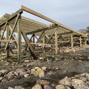 Construction continues on the rebuilding of the Boothbay Sea and Science Center pier. Photo by Pauline Dion
