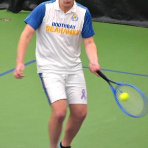 Seahawk senior Neal Baldwin gets to the ball during his doubles match against Winthrop on May 7. He and partner Avery Fowlie won 10-0. KEVIN BURNHAM/Boothbay Register