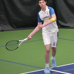 Harry Hinckley, BRHS junior, in action during his doubles match against Winthrop on May 7. KEVIN BURNHAM/Boothbay Register
