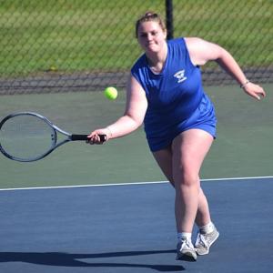 Ivory Cody, second doubles player with Maddie Andreasen, looks to return a shot against Spruce Mountain on May 14. KEVIN BURNHAM/Boothbay Register
