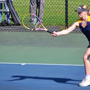 Maddie Andreasen, second doubles player with Ivory Cody, in action against Spruce Mountain May 14. KEVIN BURNHAM/Boothbay Register