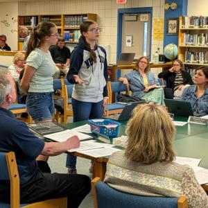 BRHS freshmen Moriah and Zuri Smith speak to the CSD School Committee about creating an environmental club. FRITZ FREUDENBERGER/Boothbay Register