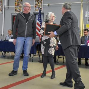 Lynn Thompson and Jeff Long accept the Spirit of America Tribute from the town of Boothbay Harbor on behalf of the Harbor Theater. FRITZ FREUDENBERGER/Boothbay Register