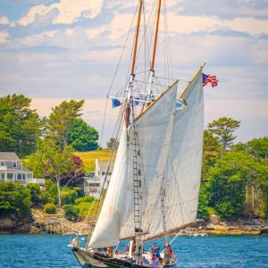 Thomas E. Lannon sails into Boothbay Harbor on Windjammer Days, nominated as a top festival in Down East Magazine's "Best of Maine" competition. Mike Leonard photo