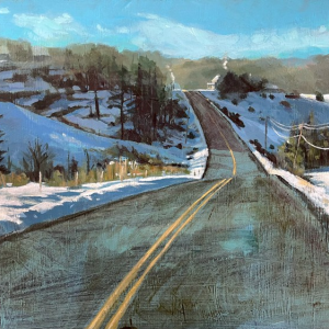 A juried show of works by MAG artist members is on exhibit in the second floor gallery. Shown here is Daybreak on the Hilltops by Brian Dubina of Alna.