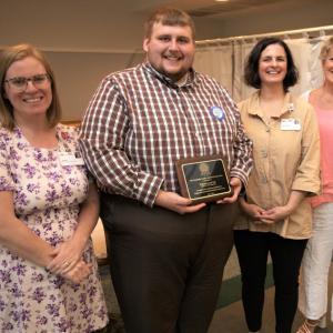 The Waldoboro Lions Club received the Coulombe Center Award for Innovation on June 4. Pictured in the photo are, from left, Katie Spear; Lions Club president Daniel Vannah; Coulombe Center for Health Improvement Director Anni Pat McKenney; and MaineHealth Lincoln Hospital President Cindy Wade, RN, BSN, MHA. Courtesy photo 