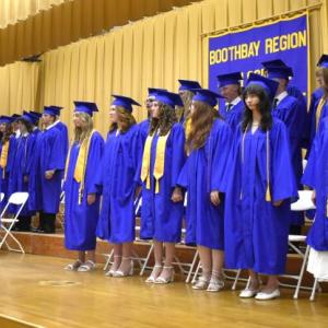 Neal Baldwin, left, leads the class of 2025 at the annual Boothbay Region High School awards night June 4. FRITZ FREUDENBERGER/Boothbay Register