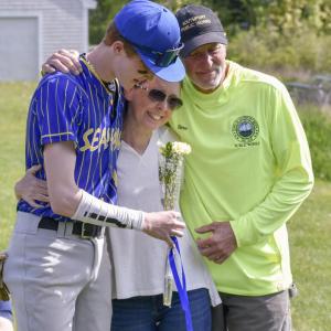 Graduating Seahawk Sam Markowitz, left, with parents Lisa and Steve at the Boothbay baseball team's senior night June 3. FRITZ FREUDENBERGER/Boothbay Register