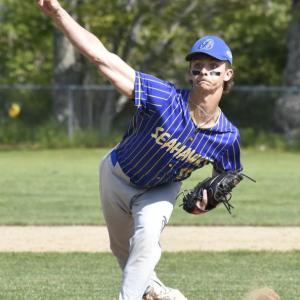Liam Jacobs pitched a no-hitter and marked his 100th strikeout for the season June 3. FRITZ FREUDENBERGER/Boothbay Register
