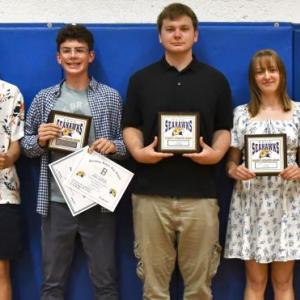 The Boothbay/Wiscasset Track & Field teams held their annual awards presentation June 16. The following team members were recognized: From left, Ben Gapski, boys MVP; AJ Crocker, Hammer award; Ross Gaffney, most improved; Logan Bourne, coaches' award; Maddie Orchard, girls coaches award; Olivia Rittall, most improved; and Rose Campbell, girls MVP. Courtesy photo mvpS