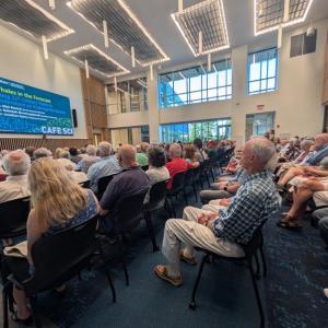Right whales and large crowds kick off Bigelow's 2025 Cafe Sci series. CANDI JONETH/Boothbay Register Whales in the Forecast: Using 21st Century Tools to Understand an Endangered Species.