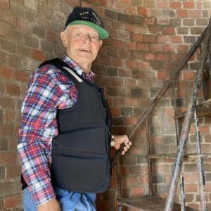 George McEvoy climbing the spiral stairs of the Ram Island Lighthouse. Elaine P. Jones photo