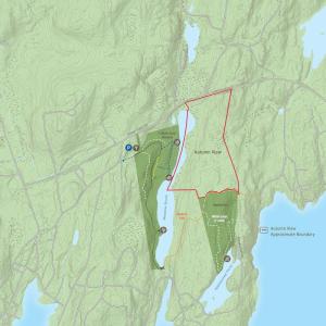 The conservation of Autumn View (outlined in red) extends access to recreational trails and protection to natural habitats surrounding Meadow Brook. Courtesy of BRLT