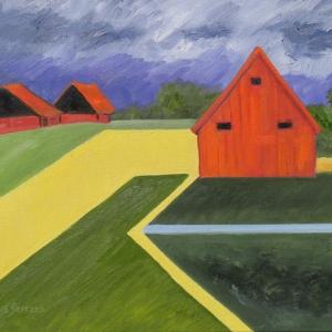 "Three Red Barns and a Blue Streak," 18 x 24 oil on linen, Lynne Seitzer. Courtesy of the artist