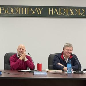 Mark Osborn, left, at a Boothbay Harbor Selectmen's meeting in 2024. File photo. 