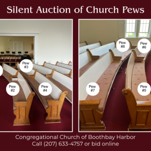 These pews at the Congregational Church of Boothbay Harbor are being offered in a silent auction. Courtesy photo