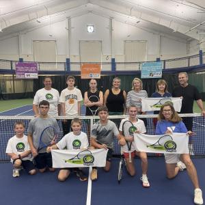 Tennis players at the Rally Against Cancer Fundraiser on the courts in the Marylouise Tandy Cowan Fieldhouse at the Boothbay Region YMCA on Sept. 13. Courtesy of BRYMCA 