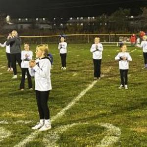 The Mini Seahawk cheerleaders, under the instruction of the BRHS cheerleaders, line up for their performance. KEVIN BURNHAM/Boothbay Register.