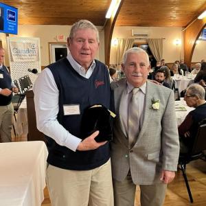 William "Bill" Tompkins, left, with Tom Mellor, president of the Midcoast Sports Hall of Fame. Larry Brown photo