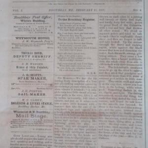 The front page of the ninth issue of the Boothbay Register, Feb. 17, 1877. Courtesy of Scott Cohoon