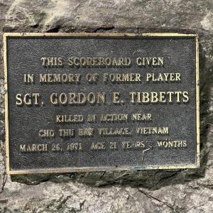 A plaque near the high school football field remembers Tibbetts' service. Courtesy of Larry Brown