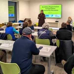 Sunrise Ecologic owner Shri Verrill speaks to residents at an Oct. 23 workshop to discuss active transportation across the Boothbay region and how to improve it. Courtesy photo