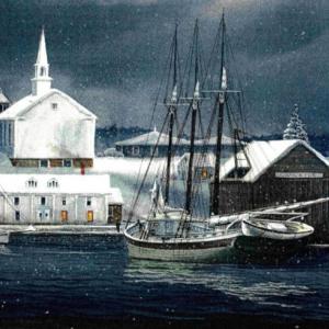 Earle Barlow’s 1920s scene of the Coal Wharf East Boothbay. Boothbay Region Historical Society Photo Collection