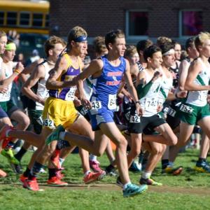 Seahawk AJ Crocker, center, in the starting pack at the Class C State XC Championships Nov. 1 in Augusta. Courtesy of Michael Gaffney