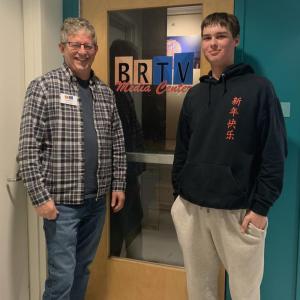 BRHS junior Cole Hyson joins Station Manager Lang Sheppard and the BRTV team as part of the high school's mentorship program. ISABELLE CURTIS/Boothbay Register