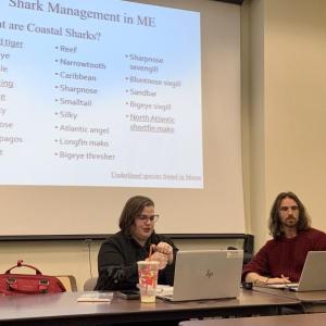 Resource Management Coordinator Corrin Flora and Marine Scientist Matt Davis talk DMR Shark management at Nov. 6 public forum. ISABELLE CURTIS/Boothbay Register