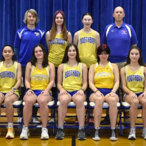 The 2025 Girls Indoor Track Team. From left to right, back row, coach Nick Scott, Jess Raburn, Maggie McCarthy, Coach Jake McCarthy; front row, Lexi Hughes, Rose Campbell, Zuri Smith, Kora Mckenney, and Mariah Smith. FRITZ FREUDENBERGER/Boothbay Register