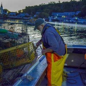 Clive Farrin and Sherman Stubbert prepare their traps first thing in the morning. FRITZ FREUDENBERGER/Boothbay Register