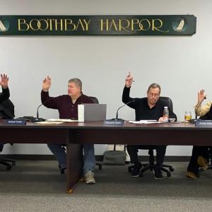 The Boothbay Harbor Selectboard takes a vote during their Dec. 22 meeting. From left, Mark Gimbel, Michael Tomko, Ken Rayle, and Alyssa Allen. FRITZ FREUDENBERGER/Boothbay Register