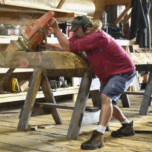 Shipwright Ross Branch cuts lumber for the Niagara's new knightheads. FRITZ FREUDENBERGER/Boothbay Register