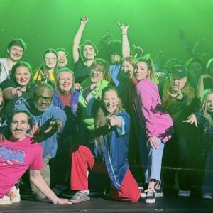 Emily Mirabile and Sophia Mansfield pose with Mary-Catherine of itheatrics and other festival directors on the main stage during rehearsal.  Courtesy of Emily Mirabile