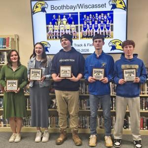 Plaque award winners, from left to right, Rose Campbell (coach's' award), Maggie McCarthy (most improved), Logan Bourne (coach's' award), Ben Gapski (MVP), Isaac Fanslau (most Improved).  Not pictured Moriah Smith (MVP). Courtesy Nick Scott. 
